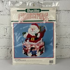 Vintage 90’s Bucilla Santa and Elves Plastic Canvas Candy Dish Kit #61139